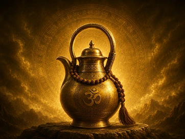 Sacred water pot (kamandalu) in a glowing devotional setting